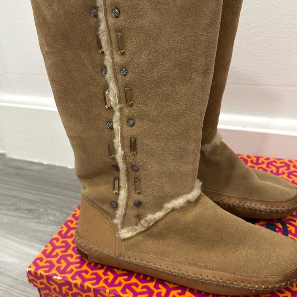 Tory Burch Knee High Shearling Camel Embellished Boot - Picture 7 of 12